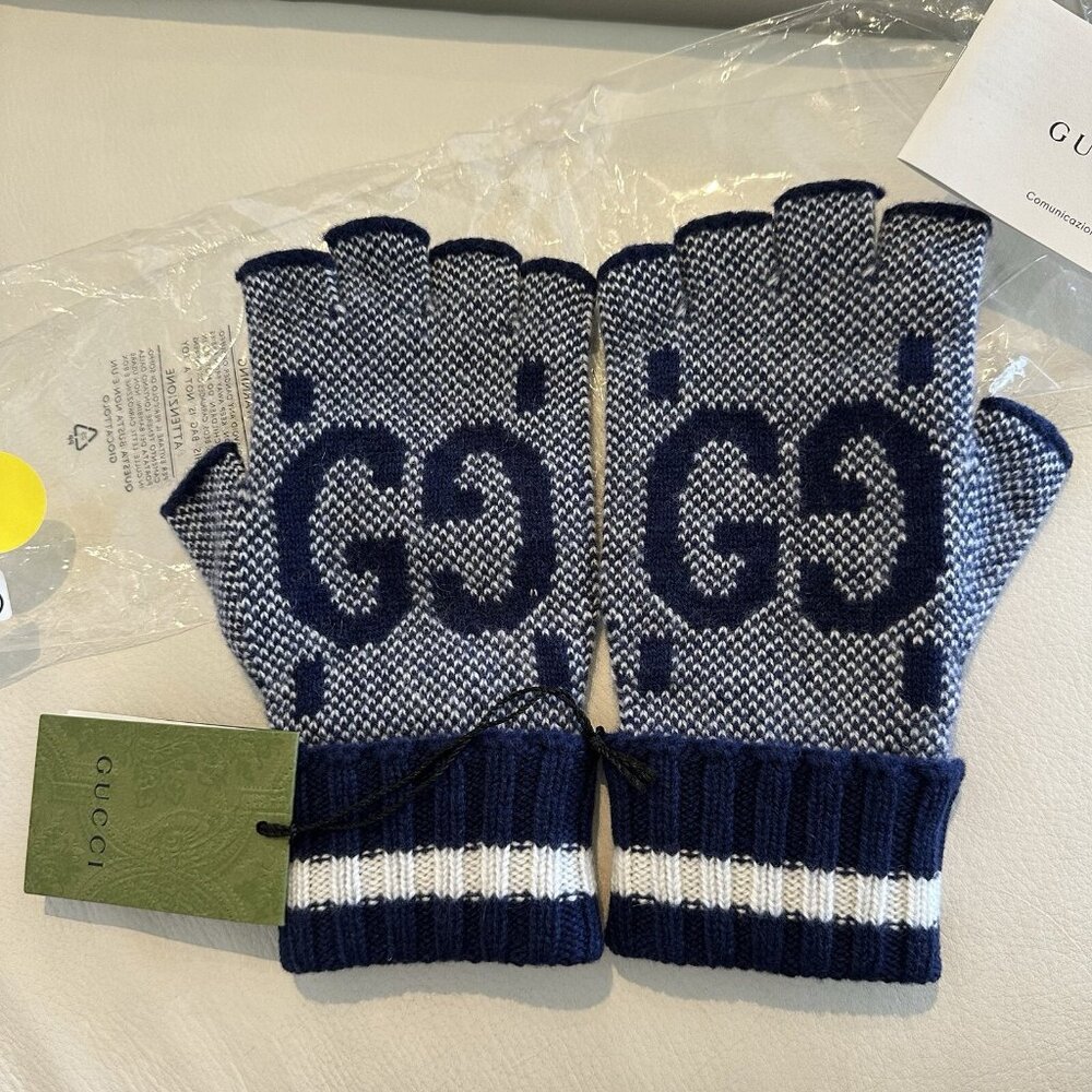 NWT Gucci 726586 Glove Gg Logo Cashmere Fingerless Gloves In Navy Ivory Size M - Picture 2 of 5